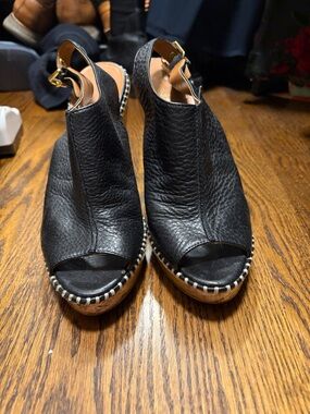 Dolce Vita Black Leather Peep-Toe Wedge Sandals